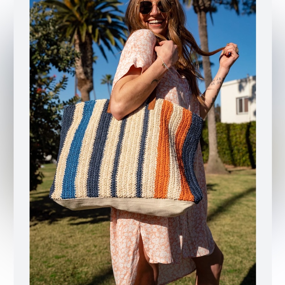 Rays for Days Chic Striped Tote Bag with Brown Handles